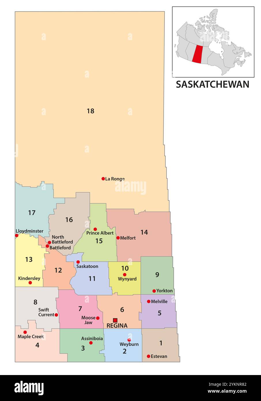 Karte der Volkszählungsbezirke von Saskatchewan, Kanada Stockfoto
