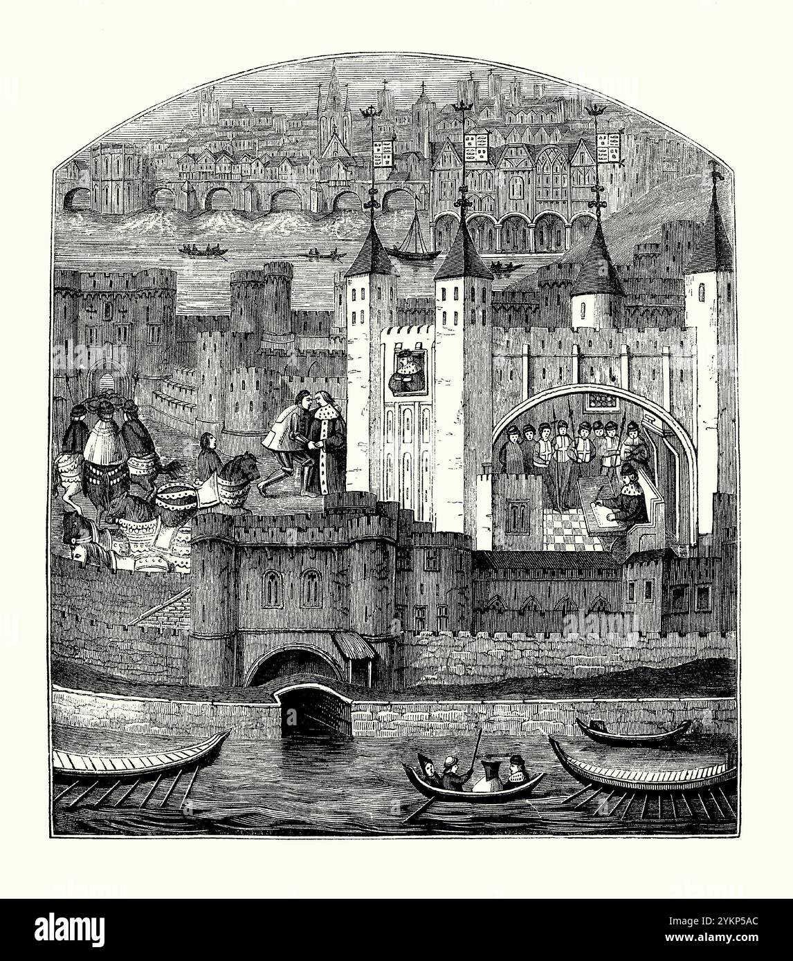 Ein alter Stich des Tower of London, London, England, Großbritannien in den 1400er Jahren – er stammt aus einem viktorianischen Geschichtsbuch. Der Turm befindet sich am Nordufer der Themse. In dieser Ansicht ist die Old London Bridge im Hintergrund sichtbar. Der Turm wurde im Rahmen der normannischen Eroberung Englands errichtet. Der zentrale Weiße Turm (rechts) wurde 1078 errichtet. Es ist ein großer Palast und eine königliche Residenz und verfügt über mehrere Gebäude, die sich in zwei Ringen von Verteidigungsmauern und einem Graben befinden. Das Verräterentor (vorne) ist ein Eingang, durch den viele Gefangene den Turm erreichten. Stockfoto