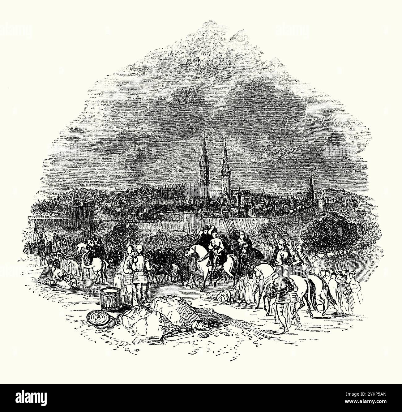 Ein alter Stich des mittelalterlichen Coventry, West Midlands, England, Großbritannien – stammt aus einem viktorianischen Geschichtsbuch. Ende der 1300er Jahre war Coventry die viertmächtigste Stadt Englands. Enormer Reichtum, der durch den Verkauf von hochwertigen Vliesen von lokalen Schafen entstanden ist, half, die Straßen zu pflastern, die mit schönen Holzrahmensandsteingebäuden gesäumt waren. Die kommerzielle und strategische Bedeutung von Coventry spiegelt die Bauarbeiten an den Stadtmauern in den 1350er Jahren wider Die Bauarbeiten begannen am Neuen Tor und wurden zunächst um 1400 beendet. Stockfoto