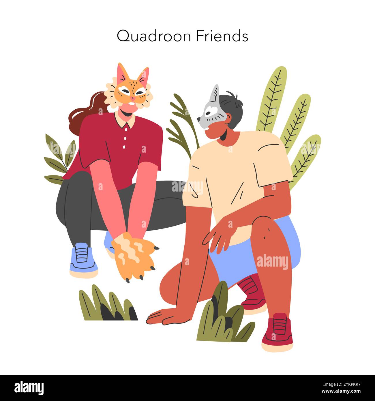 Quadroon Friends Konzept. Zwei Menschen mit Tiermasken sitzen im Grünen und drücken Freundschaft und Verbundenheit mit der Natur aus. Vektorabbildung. Stock Vektor