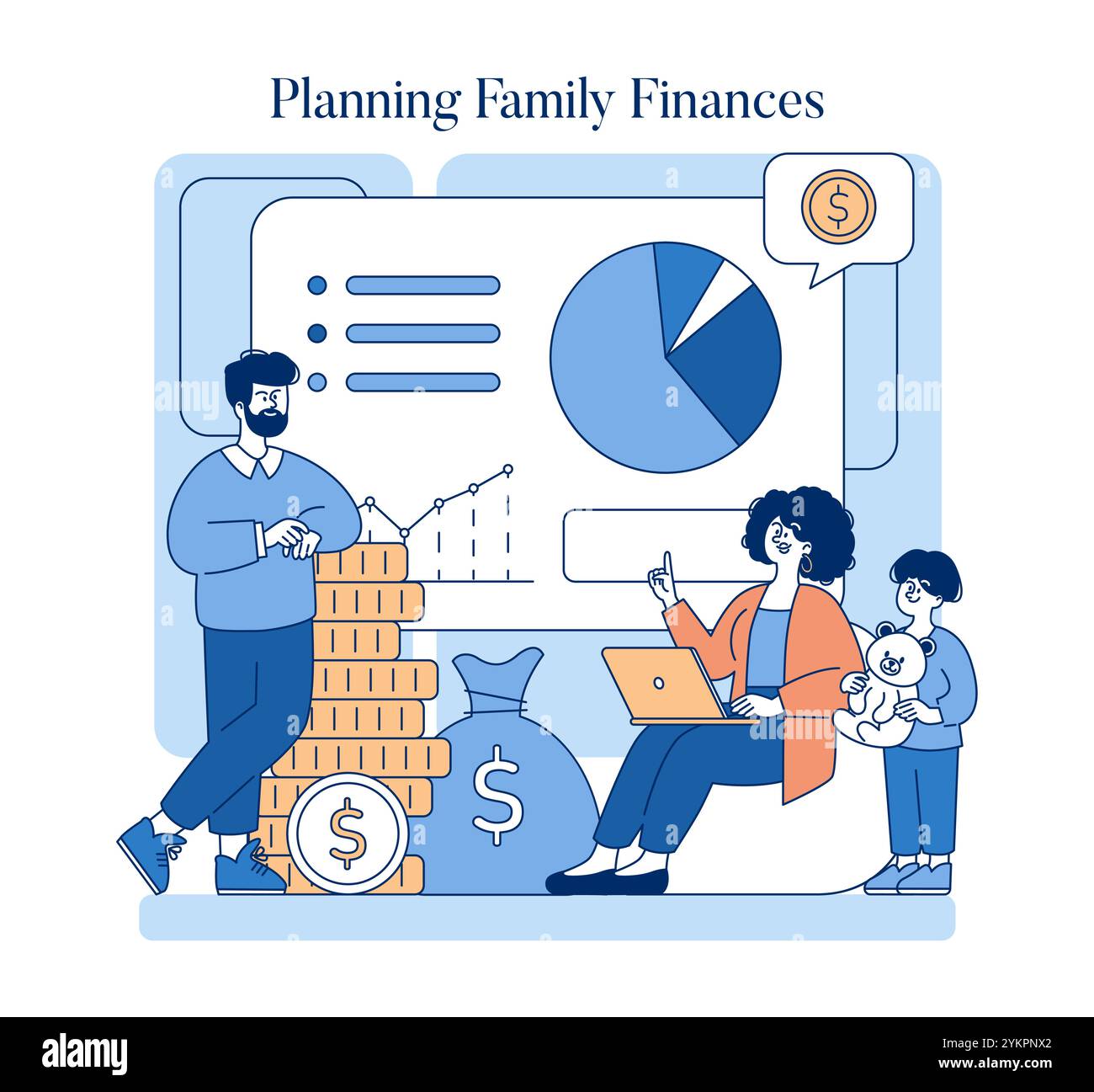 Mittelklasse Familienfinanzen Konzept. Eine Illustration einer Familie, die sich mit der Budgetplanung beschäftigt und das Finanzmanagement veranschaulicht. Tortendiagramm, Wachstumsdiagramm, Einsparungen. Vektorabbildung. Stock Vektor