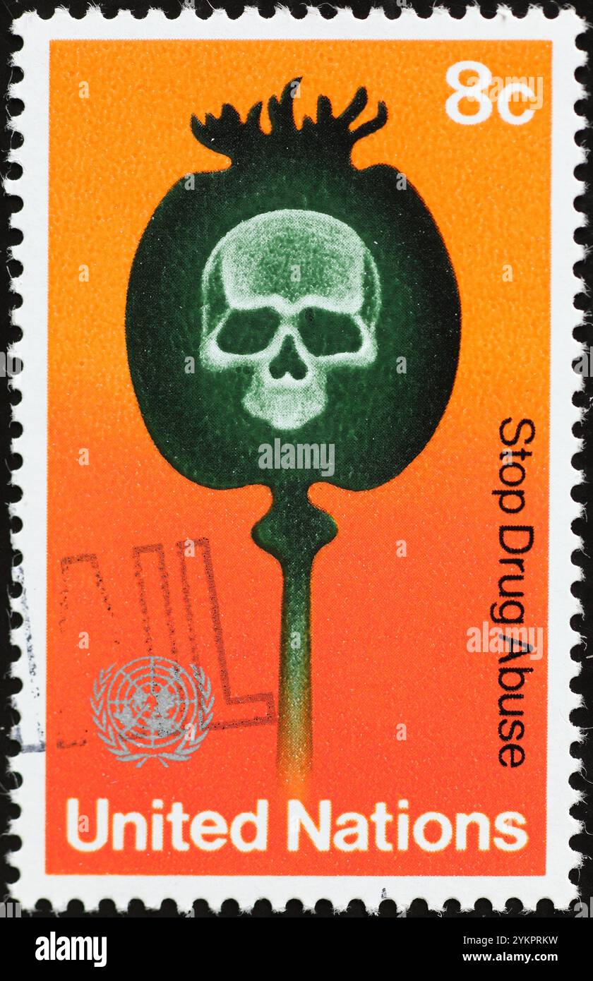 Briefmarke der Vereinten Nationen zur Förderung der Bekämpfung des Drogenmissbrauchs Stockfoto