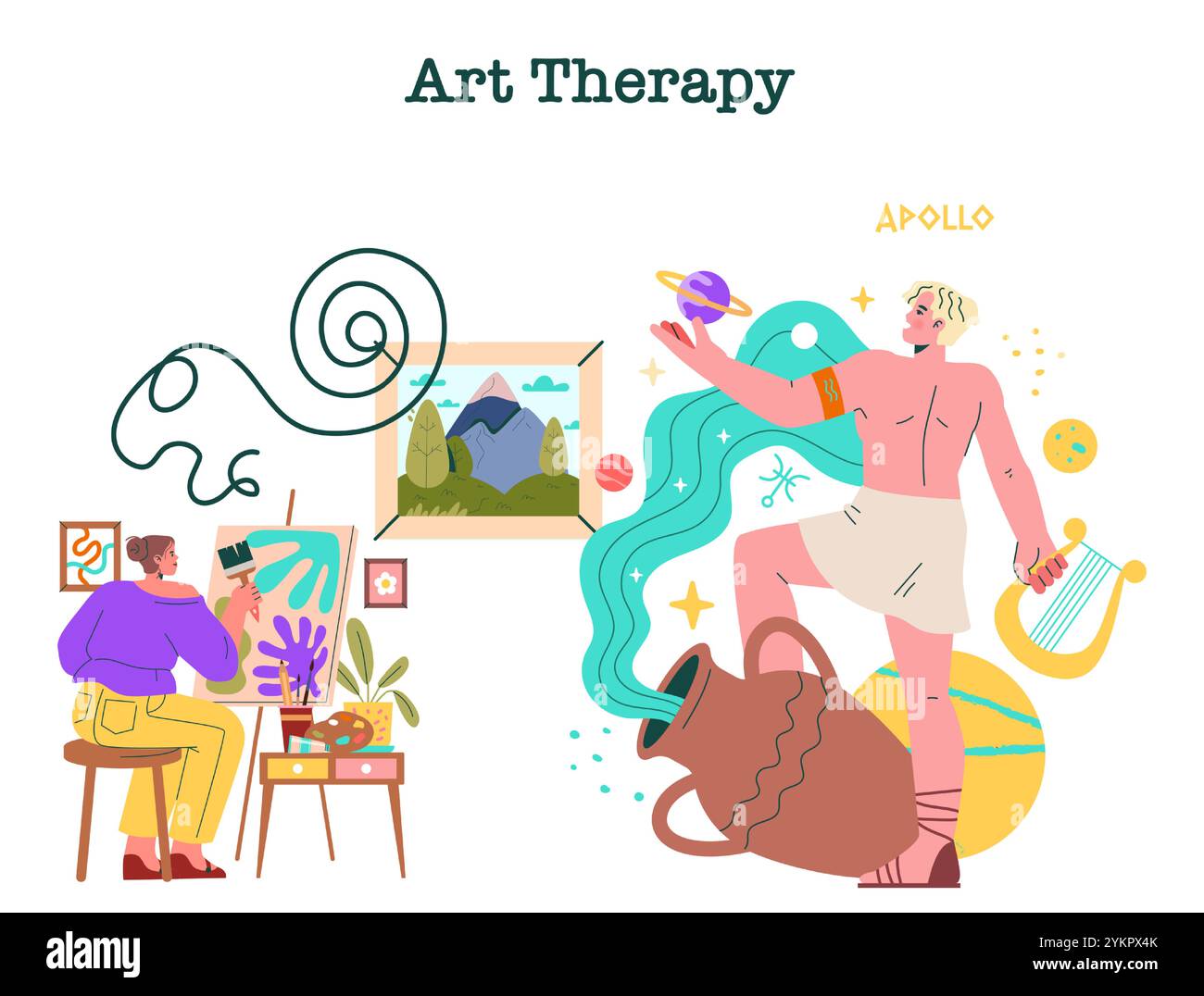 Apollo First Art Therapist Konzept. Illustrative Darstellung von Apollo inspirierender Kreativität in der Kunsttherapie mit modernen und mythologischen Elementen. Vektorabbildung. Stock Vektor