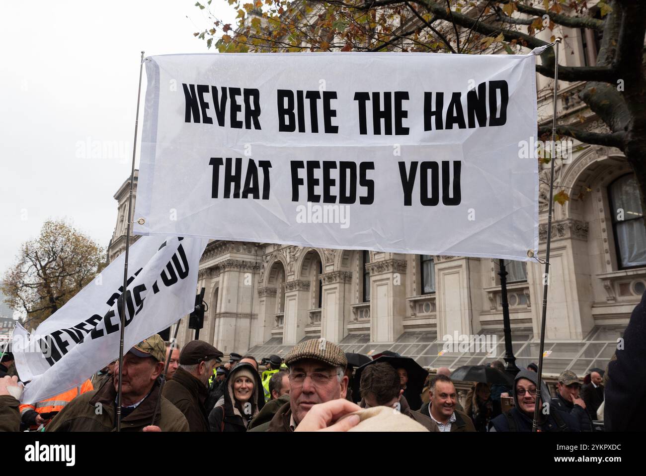 Westminster, London, Großbritannien. November 2024. Die Landwirte nehmen an einem Protest in Westminster gegen die im Haushalt angekündigten Änderungen der Erbschaftssteuer für landwirtschaftliche Betriebe Teil. Die Demonstranten glauben, dass es die Familienbauern ungerechtfertigterweise beeinflussen wird. Beiß nie in die Hand, die dich füttert, Banner Stockfoto