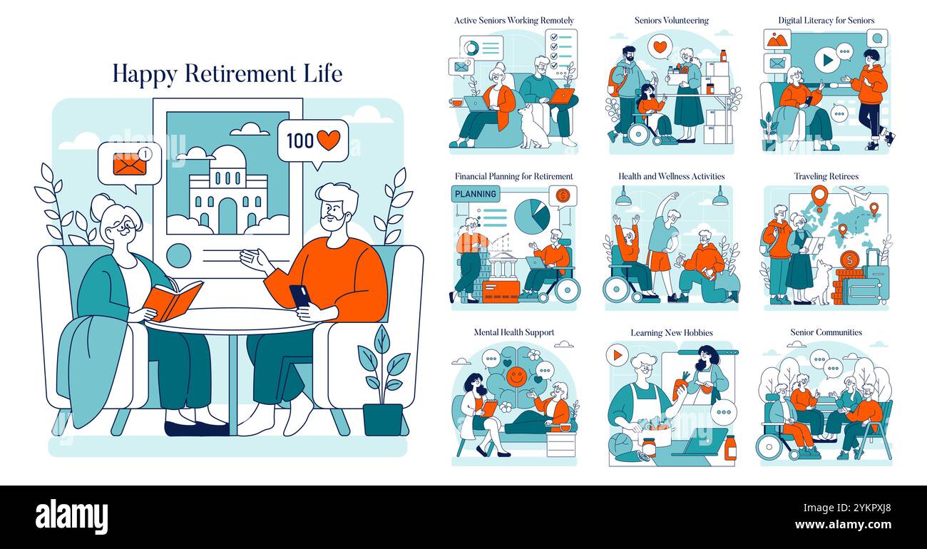 Glückliche Altersvorsorge. Senioren genießen Freizeit, arbeiten aus der Ferne, planen Finanzen und nehmen an Wellness-Aktivitäten Teil. Vektorabbildung. Stock Vektor