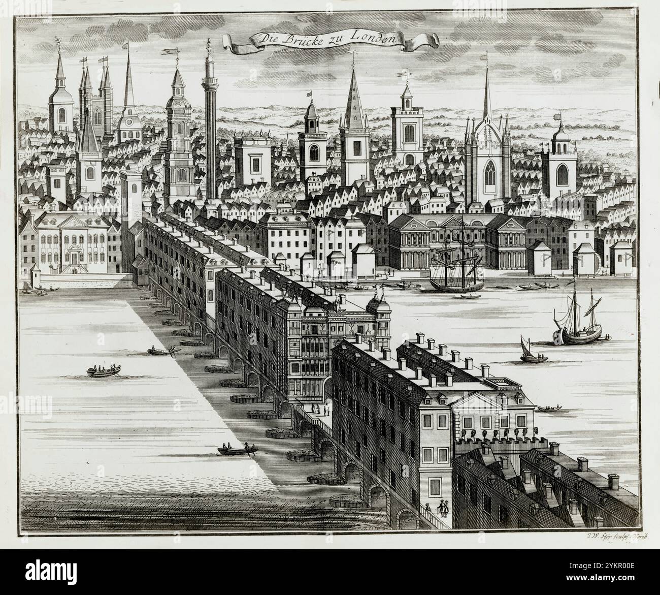 Vintage-Illustration der London Bridge. Deutscher Stich des 18. Jahrhunderts Stockfoto