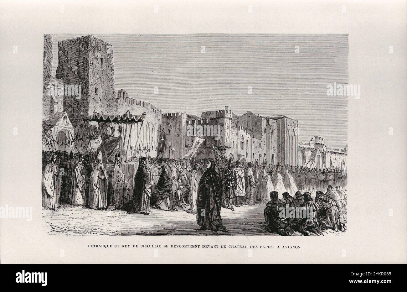 Stiche von Petrarch und Guy de Chauliac treffen sich vor dem Schloss der Päpste in Avignon. 1867 Stockfoto