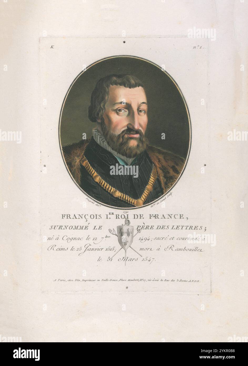 Franz I. von Frankreich. Gravur von 1792 Franz I. (1494–1547) war König von Frankreich von 1515 bis zu seinem Tod 1547. Er war der Sohn von Karl, Graf von Angoulême, und Louise von Savoyen. Er folgte seinem Cousin und Schwiegervater Ludwig XII., der ohne einen legitimen Sohn starb. Stockfoto