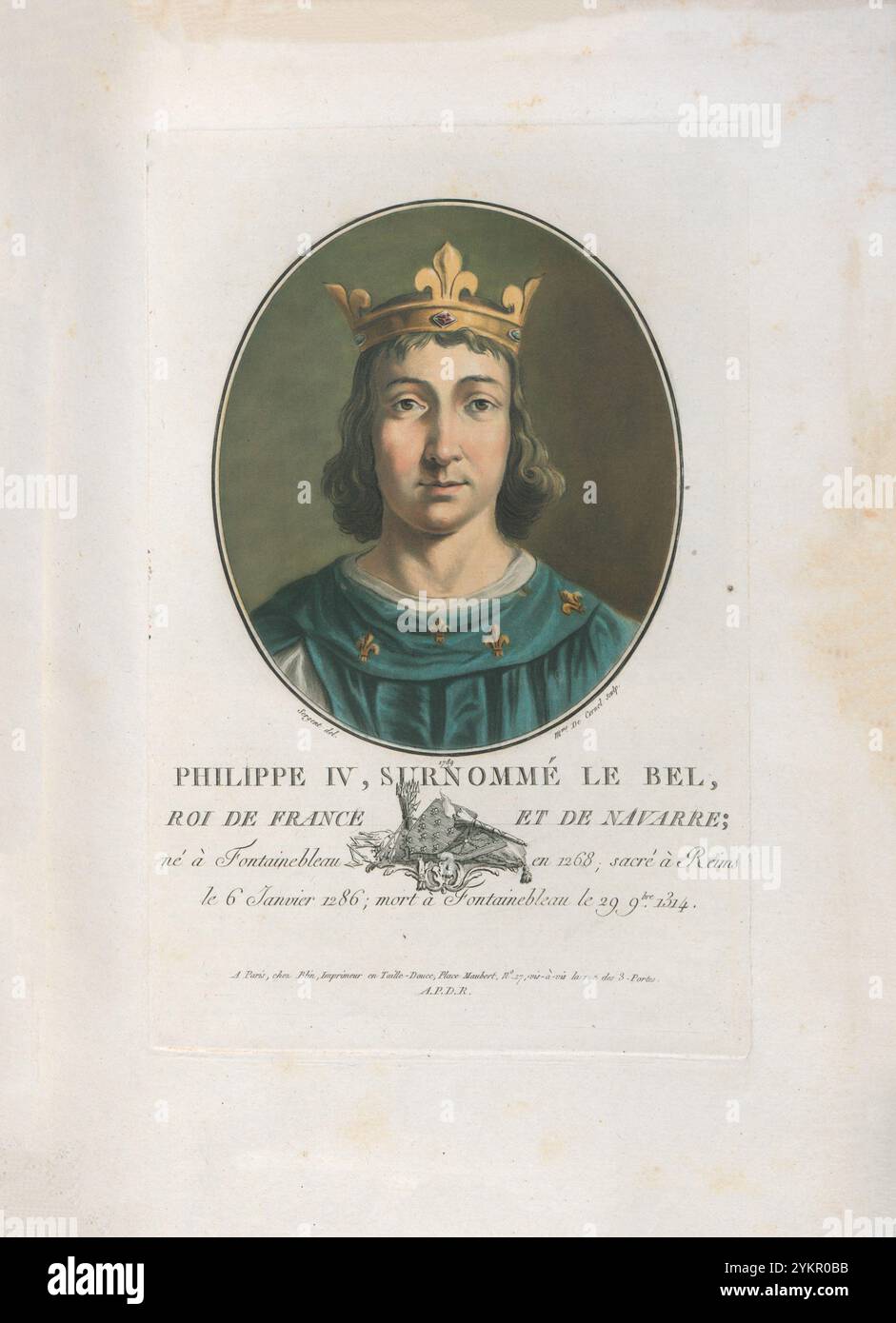Philipp IV. Von Frankreich. Kupferstich von 1792 Philipp IV. (1268–1314), genannt Philipp der Messe, war König von Frankreich von 1285 bis 1314. Durch seine Heirat mit Joan I. von Navarra war er von 1284 bis 1305 König von Navarra als Philipp I. sowie Graf von Champagne. Obwohl Philipp als gutaussehend bekannt war, daher der Name le Bel, brachte ihm seine starre, autokratische, imposante und unflexible Persönlichkeit (von Freund und Feind gleichermaßen) andere Spitznamen wie der Eiserne König ein Stockfoto