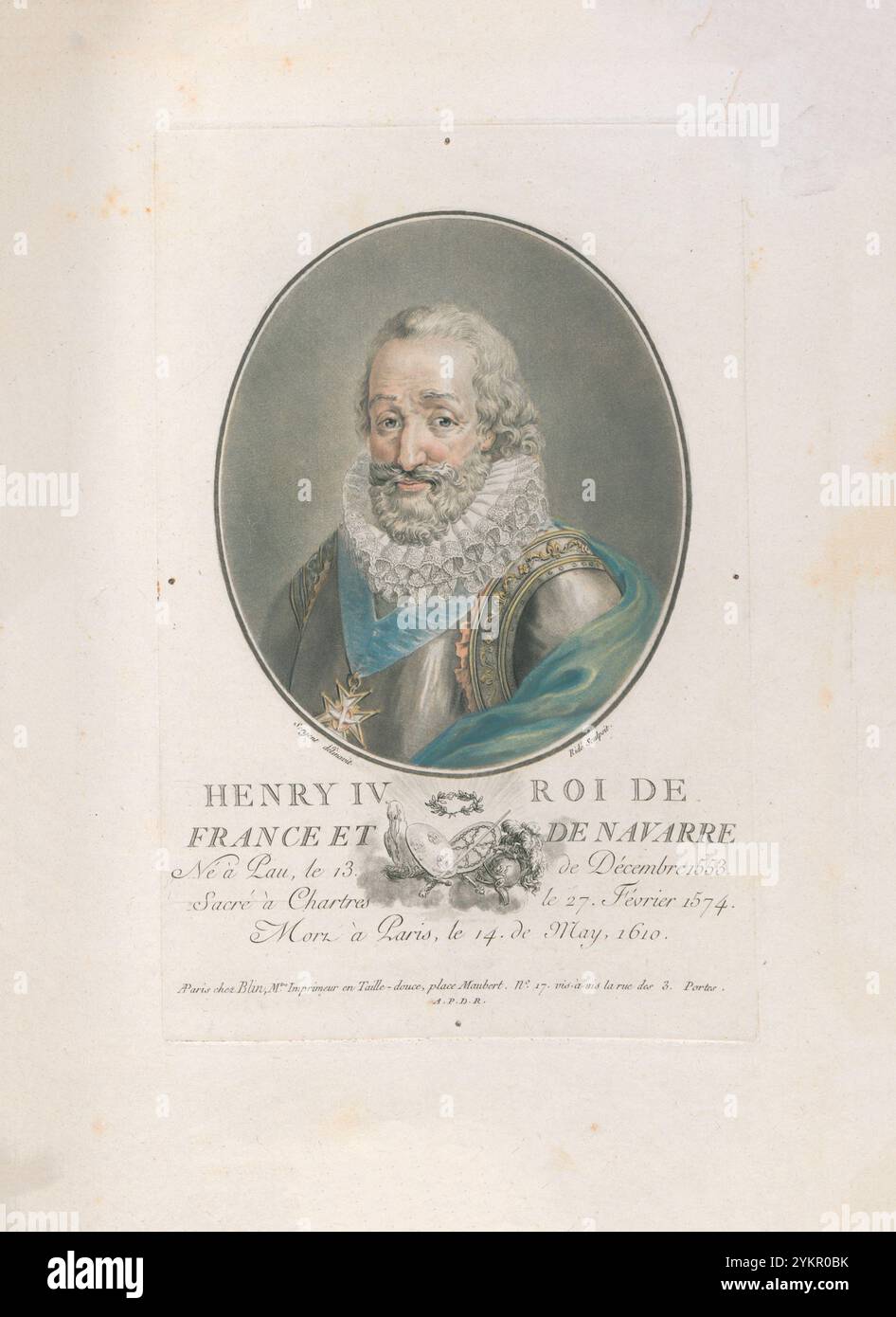 Heinrich IV. Von Frankreich. Kupferstich von 1792 Heinrich IV. (1553–1610), auch bekannt unter den Beinamen „guter König Heinrich“ oder „Heinrich der große“, war ab 1572 König von Navarra (als Heinrich III.) und von 1589 bis 1610 König von Frankreich. Er war der erste Monarch Frankreichs aus dem Haus Bourbon, einem Kadettenzweig der kapitalistischen Dynastie. Er hat die Interessen der katholischen und protestantischen Parteien in Frankreich sowie zwischen den europäischen staaten pragmatisch abgewogen. 1610 wurde er in Paris von einem katholischen Eiferer ermordet, dessen Nachfolger sein Sohn Ludwig XIII. War Stockfoto