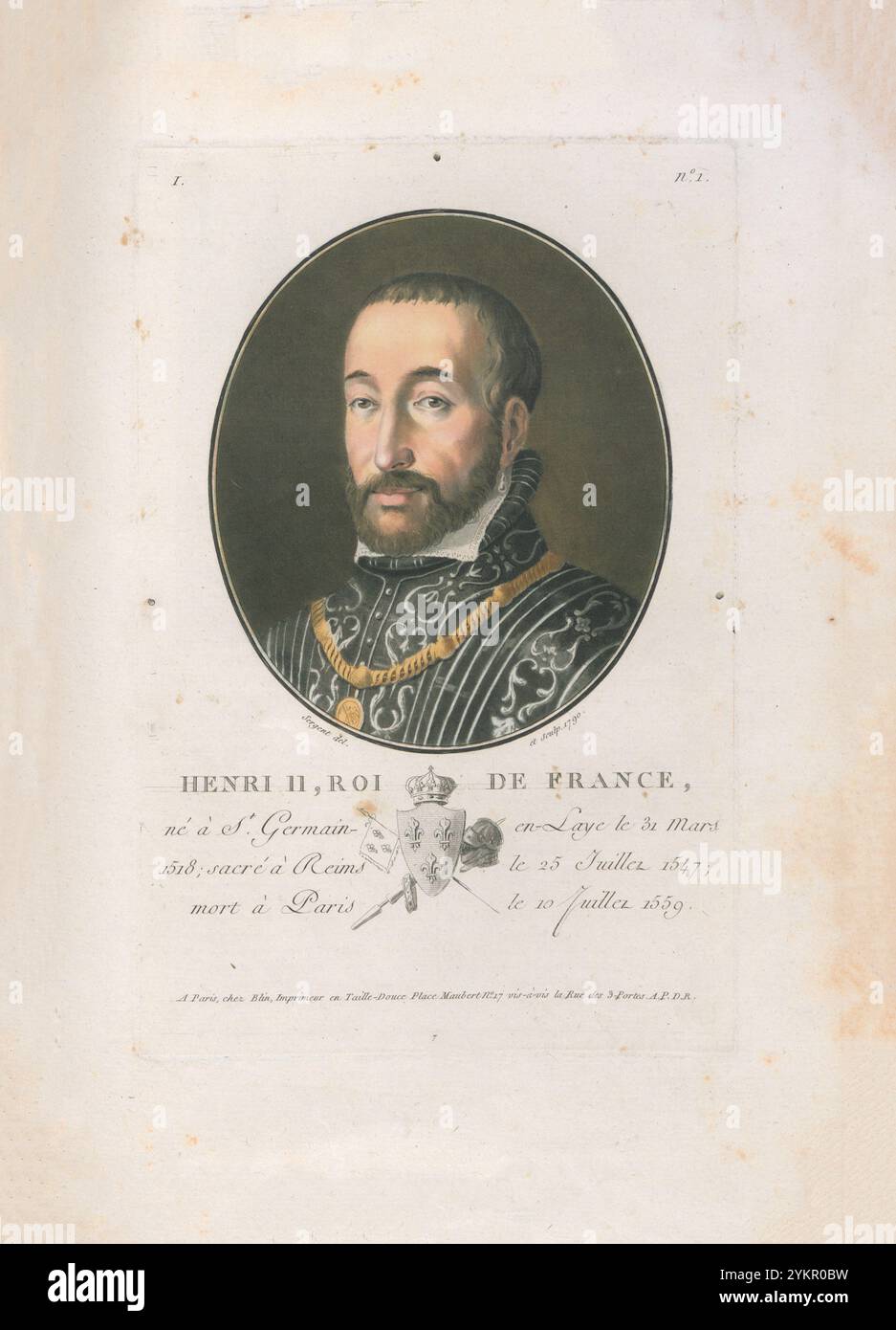 Heinrich II. Von Frankreich. Kupferstich von 1790 Heinrich II. (1519–1559) war König von Frankreich von 1547 bis zu seinem Tod 1559. Als zweiter Sohn von Franz I. und Herzogin Claude von der Bretagne wurde er nach dem Tod seines älteren Bruders Franziskus 1536 Dauphin von Frankreich. Stockfoto