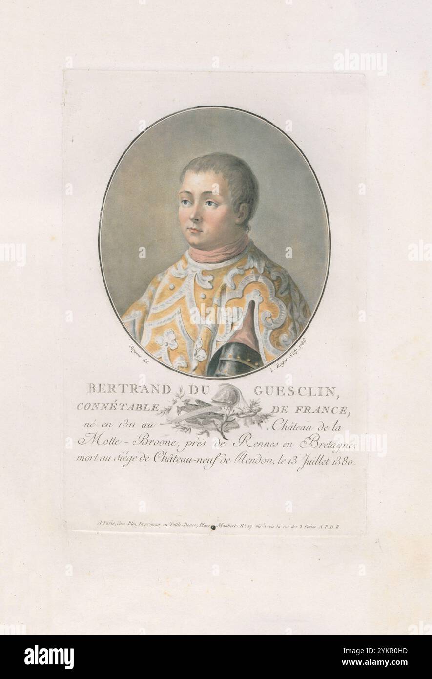 Bertrand du Guesclin. Bertrand du Guesclin (um 1320–1380), der auch „der Adler der Bretagne“ oder „der Schwarze Hund von Brocéliande“ genannt wurde, war ein bretonischer Ritter und ein wichtiger Militärkommandant auf französischer Seite während des Hundertjährigen Krieges 1792. Von 1370 bis zu seinem Tod war er Konstabler von Frankreich für König Karl V. bekannt für seine Fabian-Strategie, nahm er an sieben Schlachten Teil und gewann die fünf, in denen er das Kommando hielt. Stockfoto