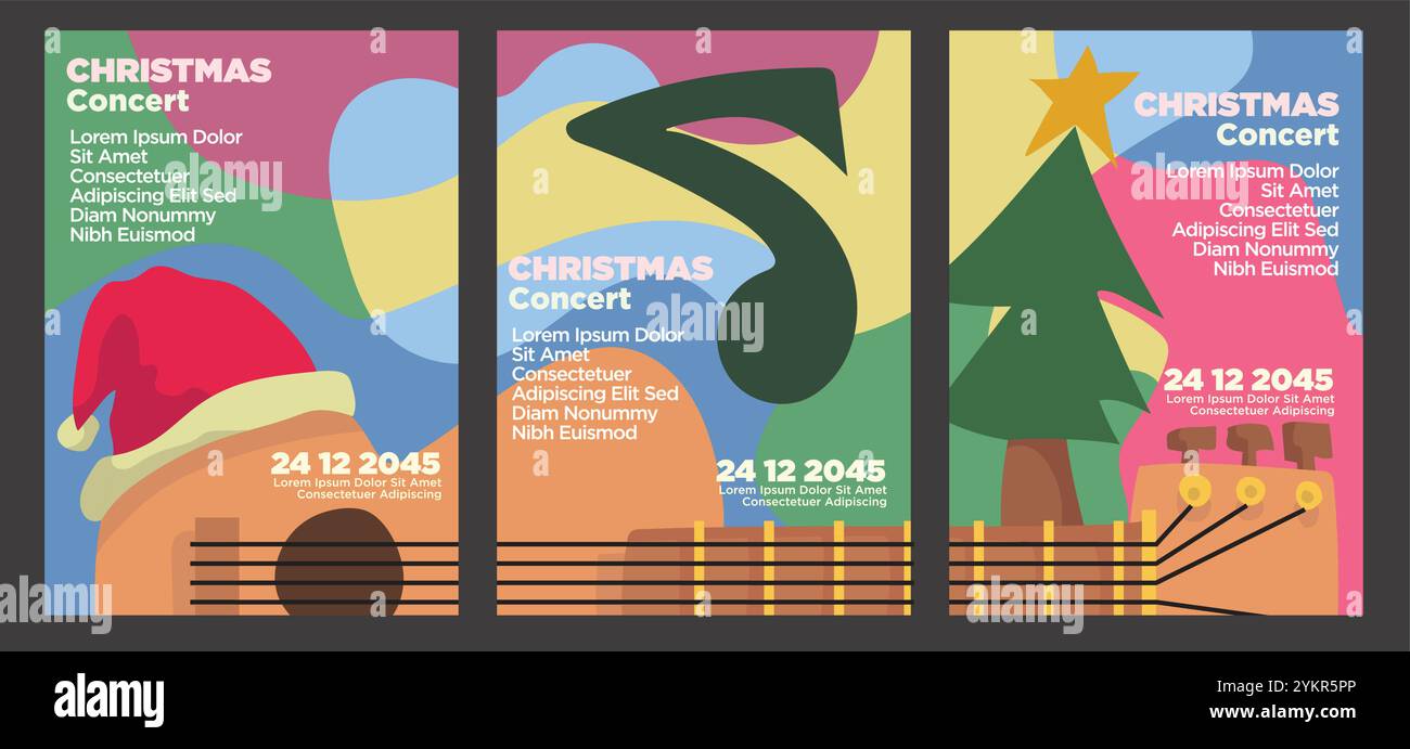 Künstlerisches Weihnachtskonzert-Design mit Gitarre und festlicher Einrichtung. Abstrakte weihnachtsmusik Poster Set Teplate Vektor Illustration. Stock Vektor