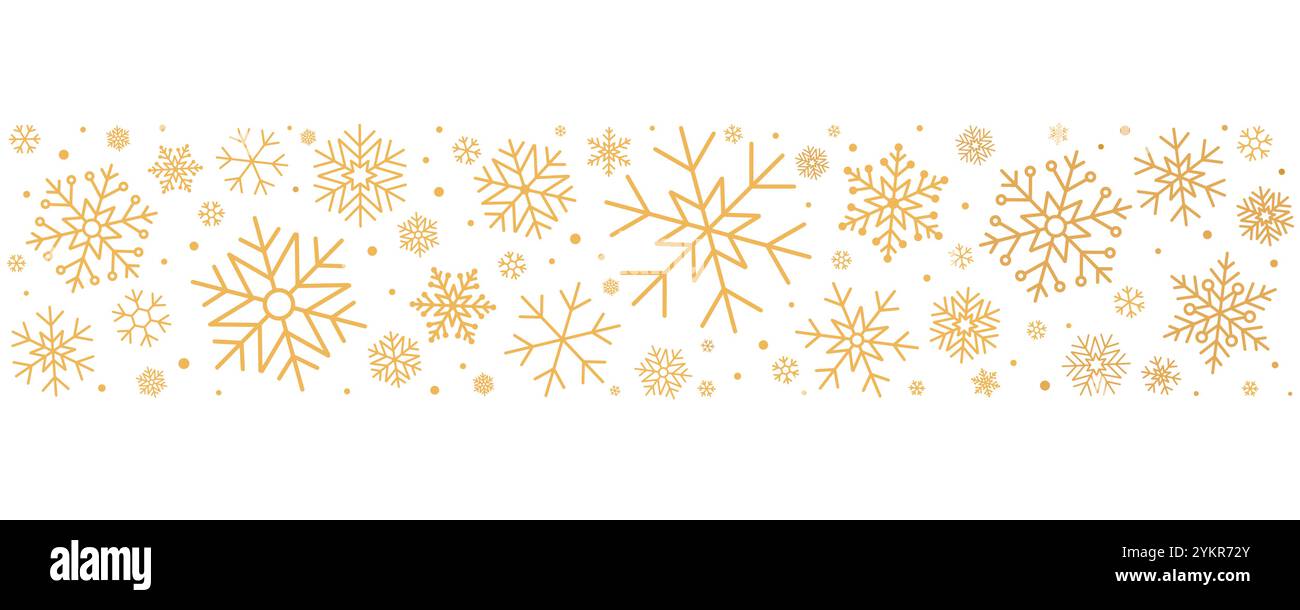 Kreativer Rand aus goldenen Schneeflocken für Weihnachtsdekorationen. Weihnachtsvektor-Hintergrund mit goldenem Schnee und Kreisen Konfetti-Muster Stock Vektor