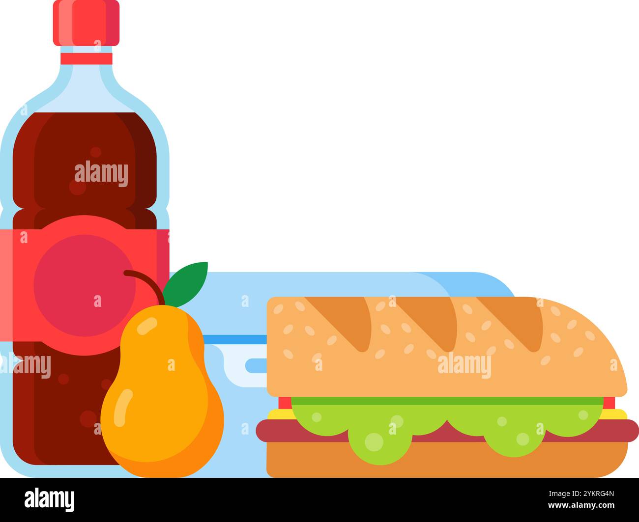 Schulessen mit einem Sandwich, einer Birne, einer Flasche Limonade und einer Lunchbox, die eine gesunde und ausgewogene Mahlzeit für Schüler darstellt Stock Vektor
