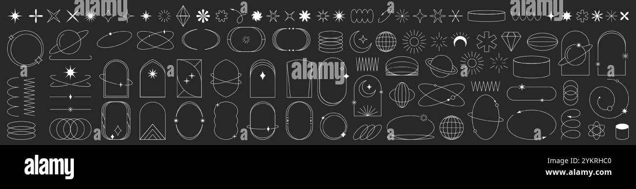 Modernes minimalistisches y2k-Set mit ästhetischen Linienelementen. Einfache geometrische Designformen, dekorative Boho-Borten, lineare Figuren im trendigen Retro-Stil. Kollektion von Sternen, Grundformen, Funken und Bogenrahmen Stock Vektor