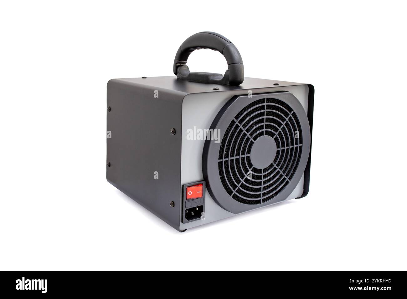 Ozongenerator mit Timer und schwarzem Metallgehäuse, isoliert auf weiß Stockfoto