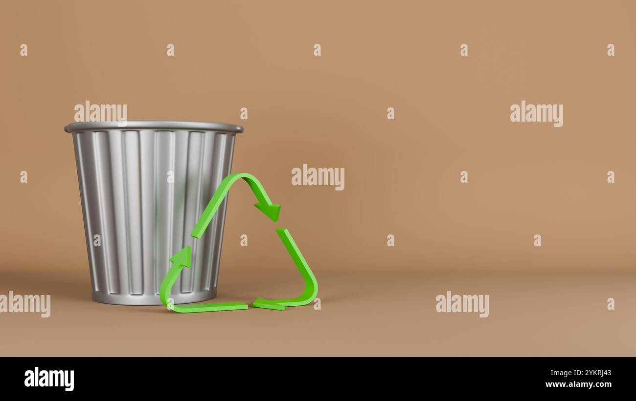 Ein klassischer Recyclingbehälter aus Metall neben einem grünen 3D-Recyclingsymbol. Das Image repräsentiert die Bedeutung des Recyclings für eine nachhaltigere Zukunft. Stockfoto