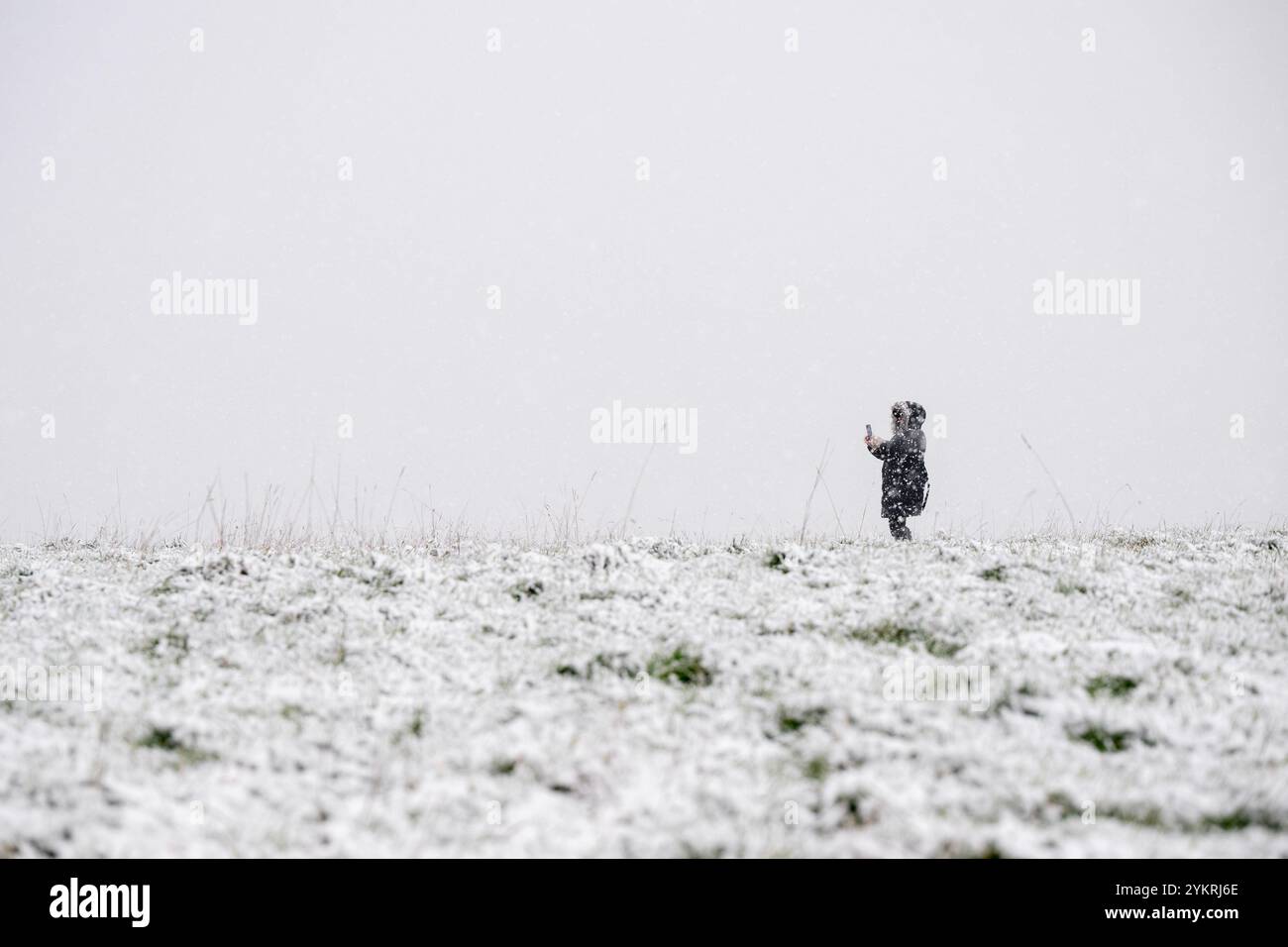 Starker Schnee fällt auf Selsley Common in der Nähe von Stroud in Gloucestershire, da das Gefrierwetter große Teile des Vereinigten Königreichs betrifft. Stockfoto
