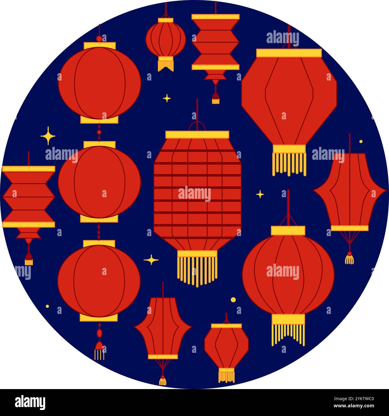 Orientalisch-asiatische rote Papierlaternen isoliert auf dunklem Hintergrund in kreisrunder Komposition. Perfekt für jeden Urlaub im asiatischen Stil. Vektorgrafik Stock Vektor