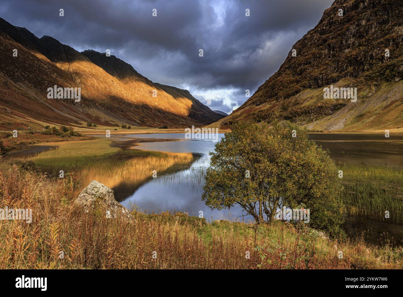 Berge im See reflektiert, Abendlicht, bewölkte Stimmung, Herbst, Loch Achtriochtan, Glencoe, Scottish Highlands, Schottland, Großbritannien Stockfoto