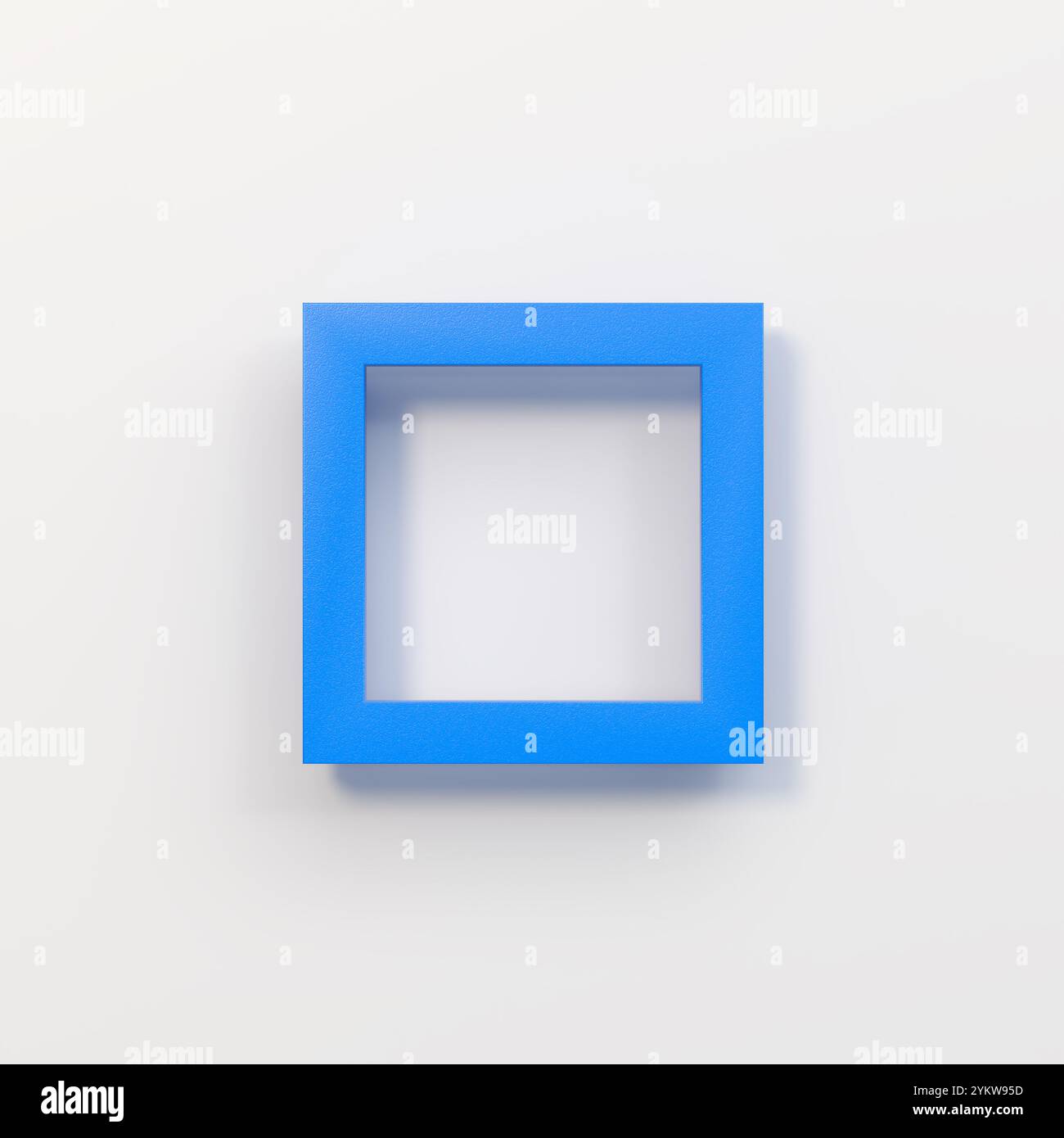 Weiße Wand mit leerem blauen Rahmen, minimalistisches 3D-Konzept Stockfoto