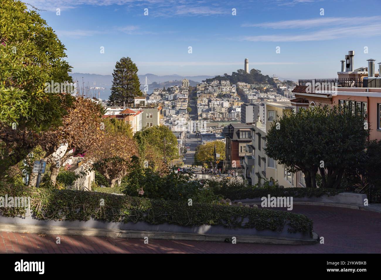 Ein Bild des Coit Tower auf dem Telegraph Hill, von der Lombard Street aus gesehen, im Herbst Stockfoto