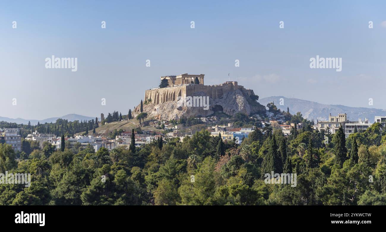 Ein Bild der Akropolis von Athen und des Parthenon, wie über einer Baumlinie im Vordergrund zu sehen Stockfoto