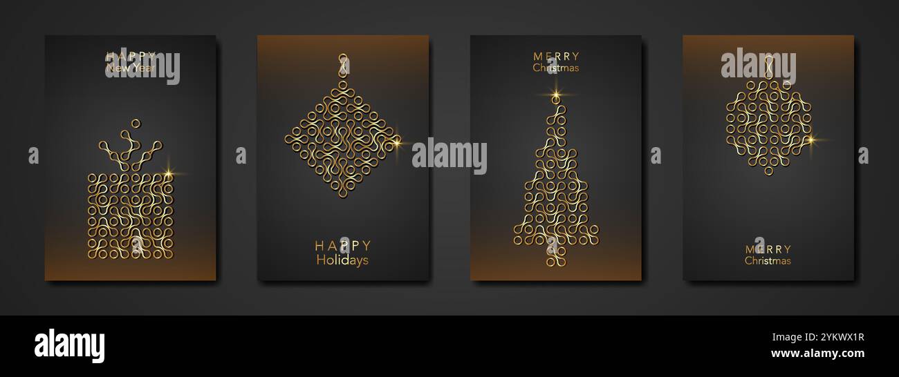 Weihnachtskarte im modernen minimalistischen geometrischen Stil, goldene Textur, goldener luxuriöser schwarzer Hintergrund, Elemente für Kalender und Grußkarten Stock Vektor