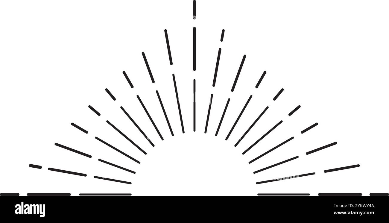 Minimalistische Illustration mit schwarzen Linien, die von einem zentralen Punkt aus ausstrahlen und eine Halbkreisform vor weißem Hintergrund erzeugen, was symbolisiert Stock Vektor