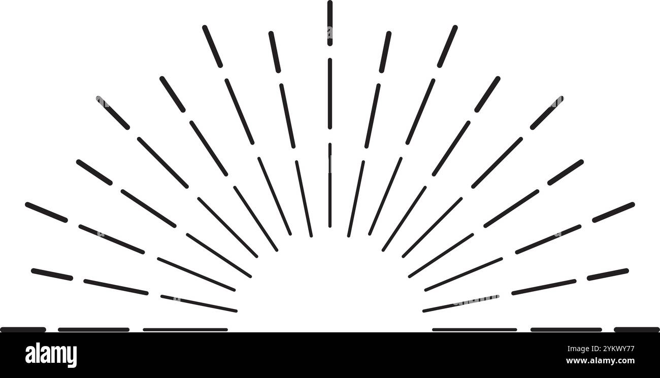 Sunburst Designelement mit radialen Linien, die von einem zentralen Punkt ausgehen und eine Halbkreisform mit kurzen horizontalen Linien an der Basis bilden Stock Vektor