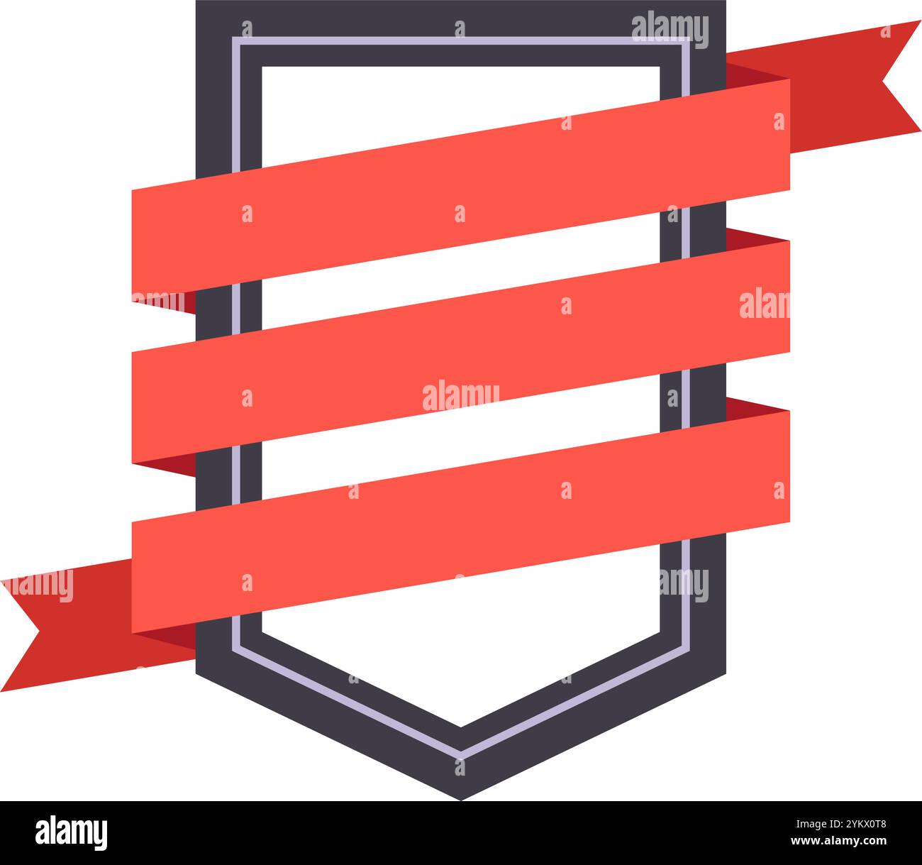 Rote Bänder wickeln sich um eine dunkle Schildform, die einen leeren Raum umrahmt und ein abgebildetes Design schaffen, das für Auszeichnungen, Erfolge oder Qualität geeignet ist Stock Vektor