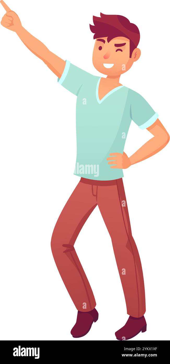 Fröhlicher junger Mann, der mit dem Zeigefinger auf etwas Interessantes zeigt und fröhlich zuzwinkert, Selbstvertrauen und Begeisterung ausdrückt Stock Vektor