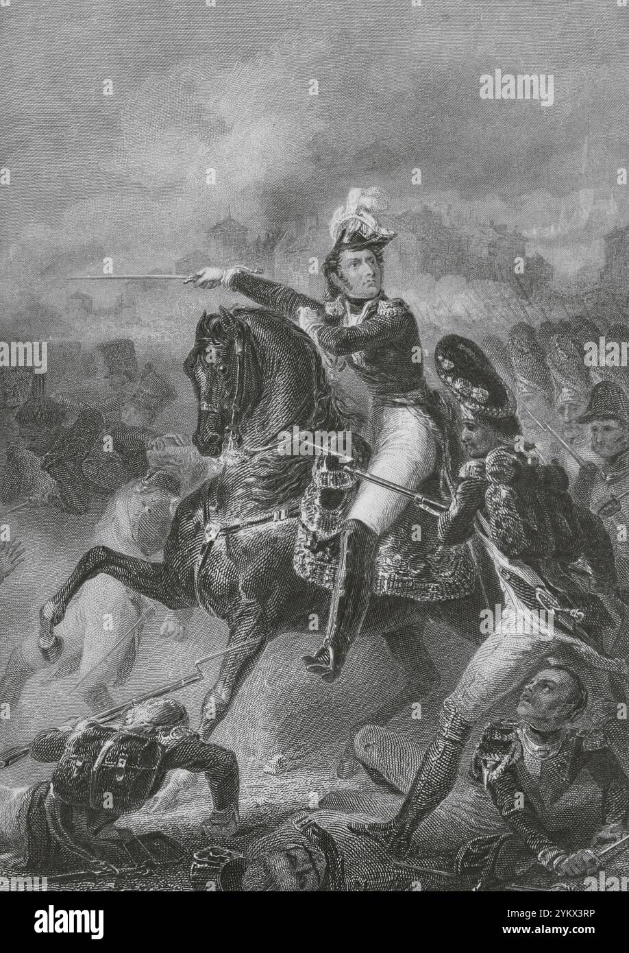 Jean Lannes (1769-1809). Französischer Marschall. Marschall Lannes bei der Schlacht bei Aspern-Essling (21-22. Mai 1809). Zeichnung von Auguste Sandoz. Gravur von Outhwaite. "Histoire du Consulat et de l'Empire" (Geschichte des Konsulats und des französischen Reiches unter Napoleon), von A. Thiers. Band X. veröffentlicht in Paris, 1851. Stockfoto