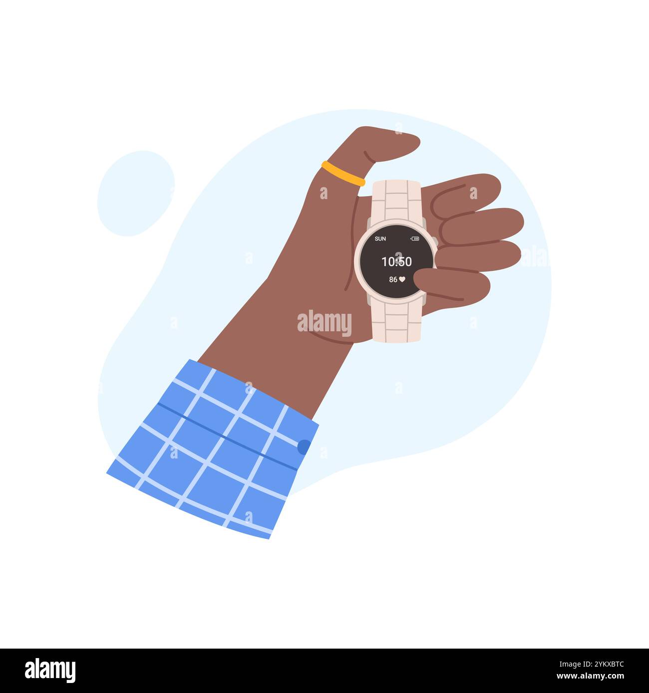 Männliche Hand hält Uhr mit Metallarmband in der Hand, um die Zeitvektor-Illustration zu überprüfen und zu steuern Stock Vektor