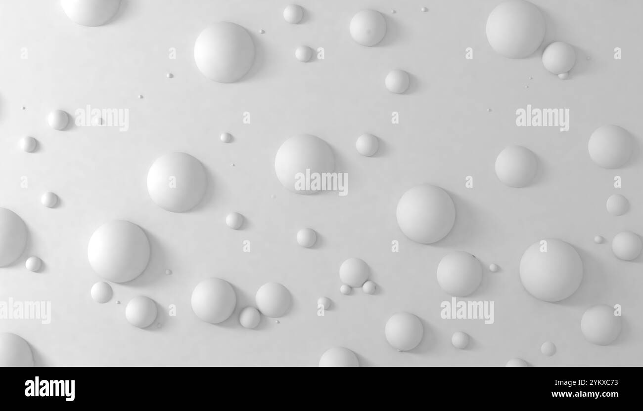 Weiße abstrakte Blasen runden Kreise Hintergrund, weißer minimalistischer abstrakter Hintergrund mit weißer Raumwand und Kugeln - mit weichem Licht und Schatten Stockfoto