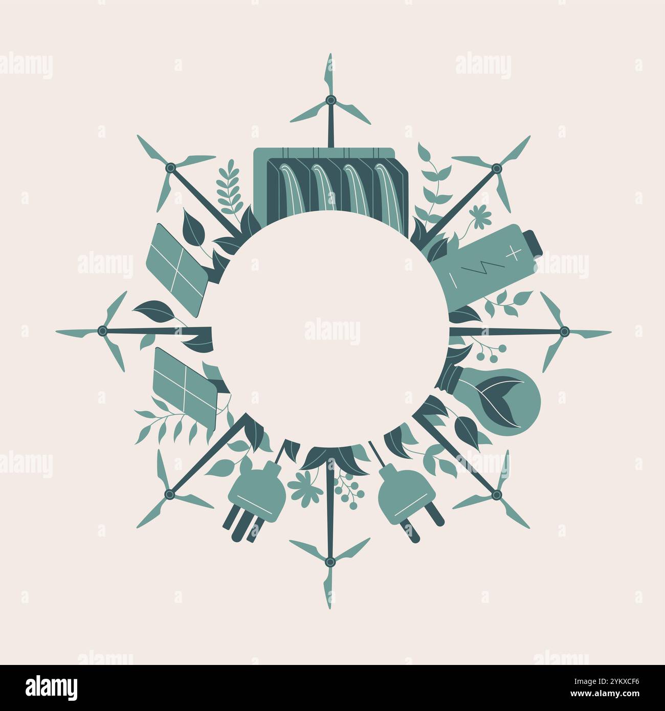 Vektor-Flachbild-Illustration mit einer kreisförmigen Anordnung von Elementen aus erneuerbaren Energien. Stock Vektor