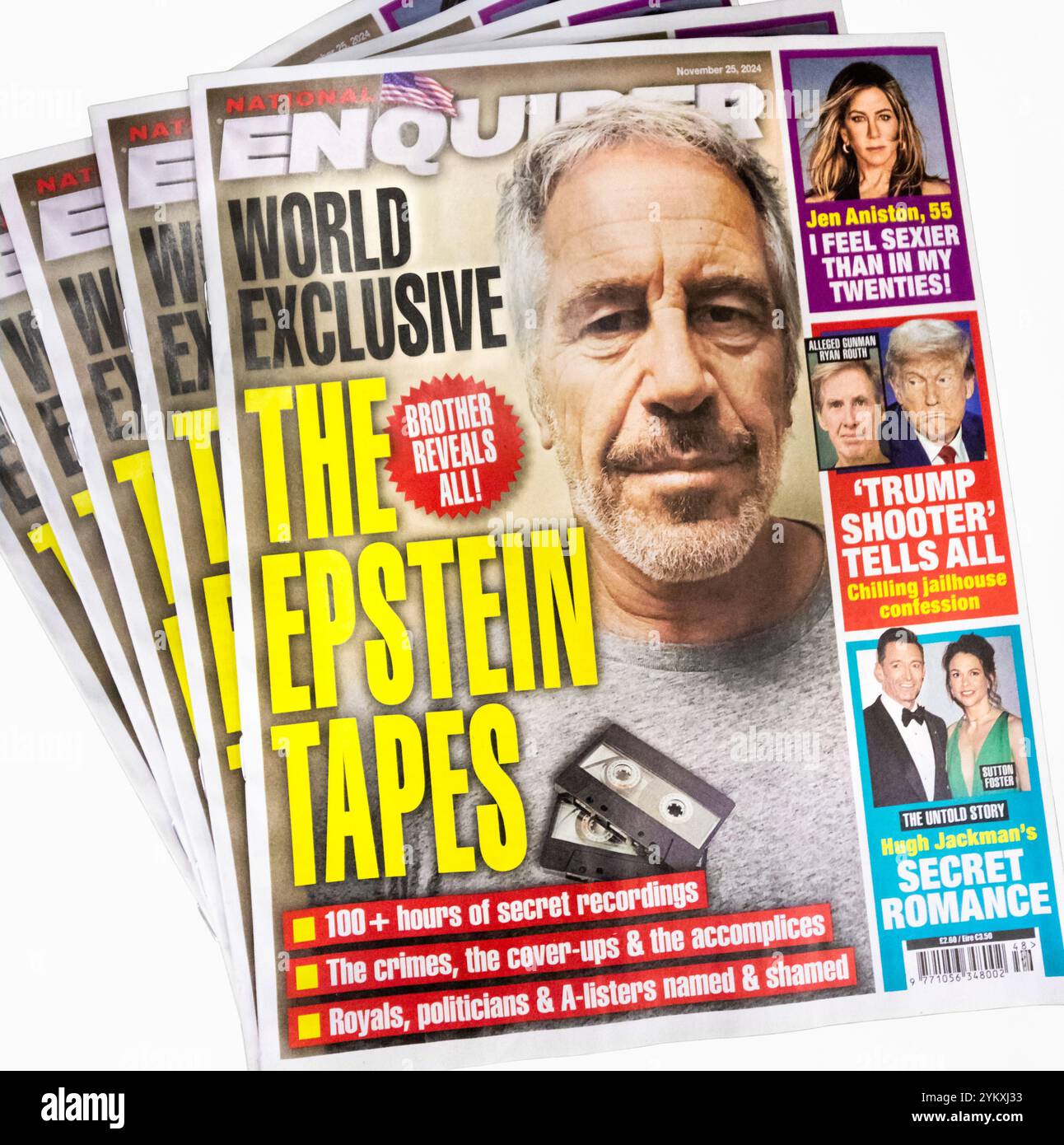 Jeffrey Epstein auf dem Cover von National Enquirer. Der verstorbene amerikanische Financier, der für kriminelle Handlungen und Verbindungen zu Prominenten und Politikern bekannt ist. Stockfoto
