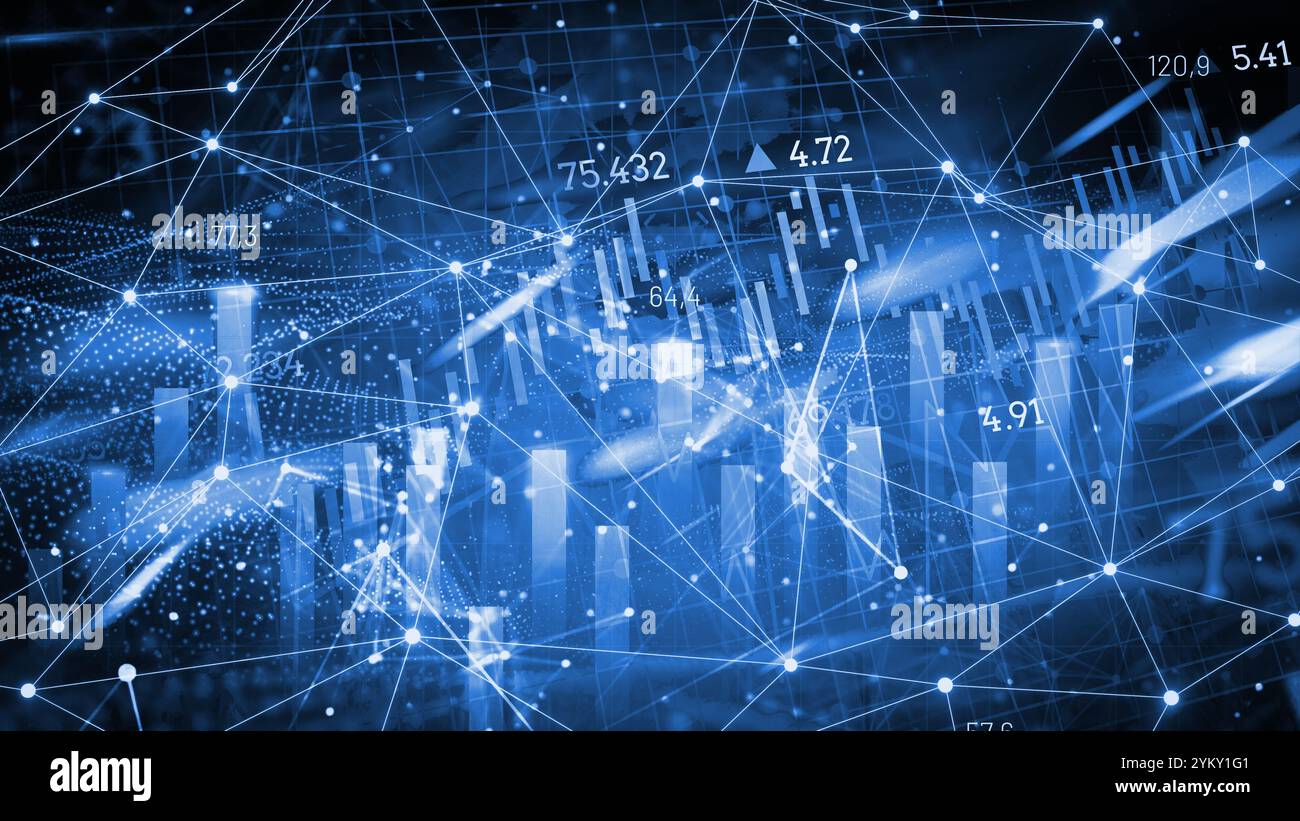 Abstraktes Technologienetzwerk mit leuchtenden Knoten und Linien. Moderner und anspruchsvoller Hintergrund für Banner, Poster und soziale Medien. Digitale Technologie Stockfoto