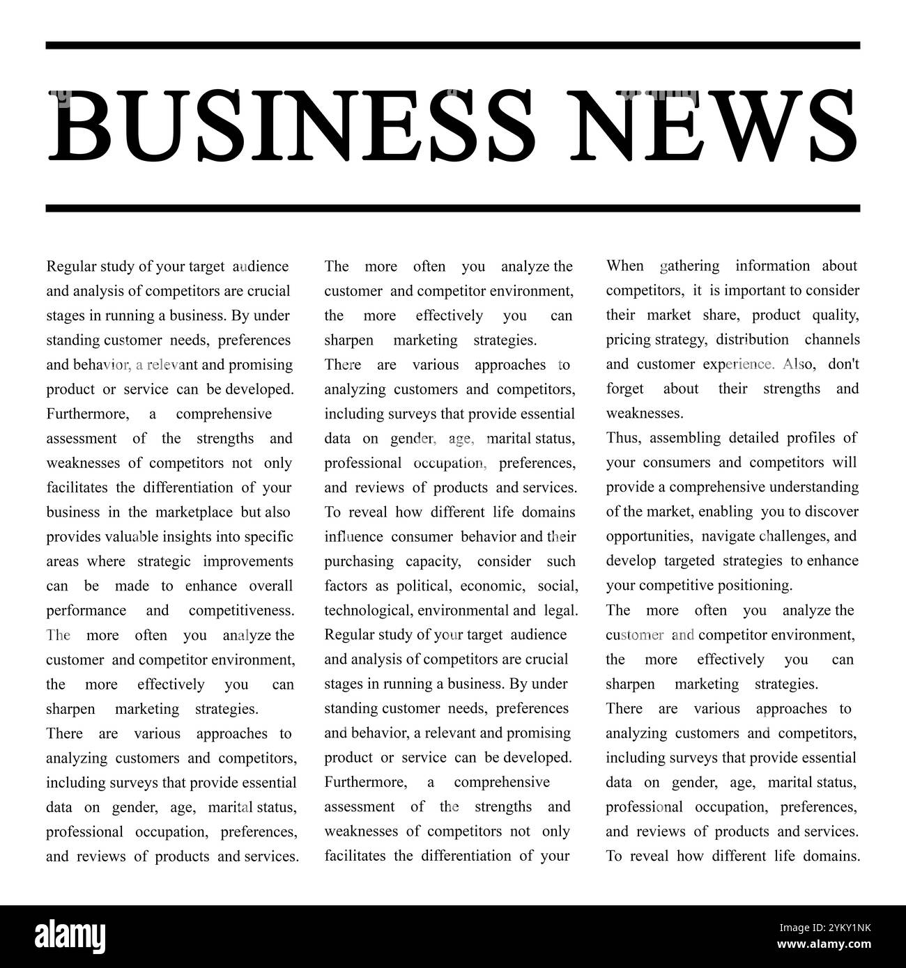 zeitungsartikel. Titel Business News und Text auf weißem Hintergrund Stockfoto