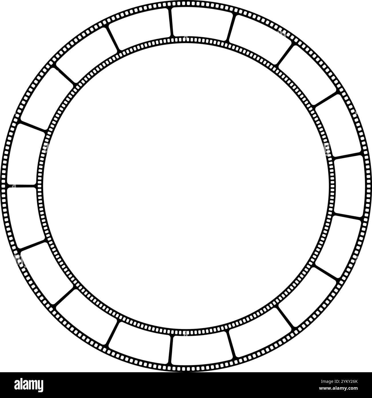 Runder Rahmen mit Filmstreifen als Rand. Video- oder Fotokameraband in Kreisform. Storyboard-Layout. Collage-Vorlage für Fotos. Vektorgrafik. Stock Vektor