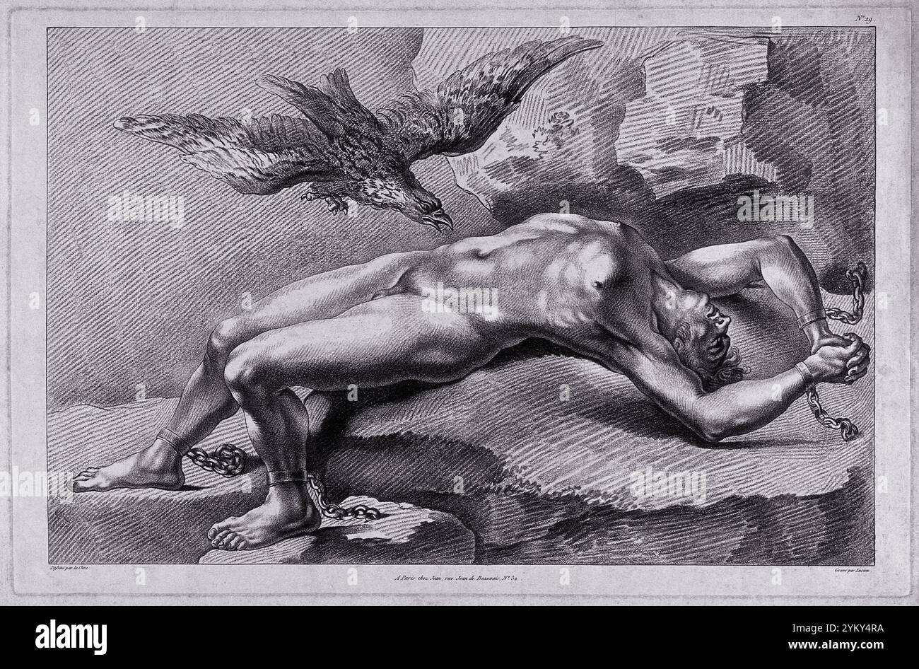 Prometheus ist an einen Felsen gebunden, seine Leber wird von einem Adler gefressen. Buntstift-Manner-Druck von Lucien nach P.T. Leclerc. Le Clerc, Pierre Thomas, ca. 1740 - ca. 1796. Stockfoto