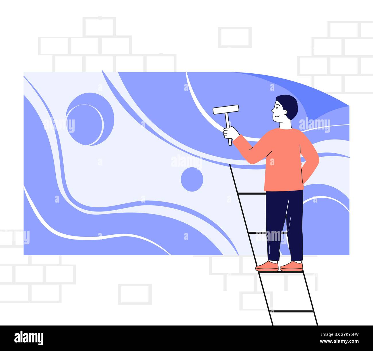 Mann malt Banner. Der Junge steht auf der Treppe mit einem Roller in den Händen und malt Wände. Werbung im Freien. Wartungsservice. Linearer Vektor Stock Vektor