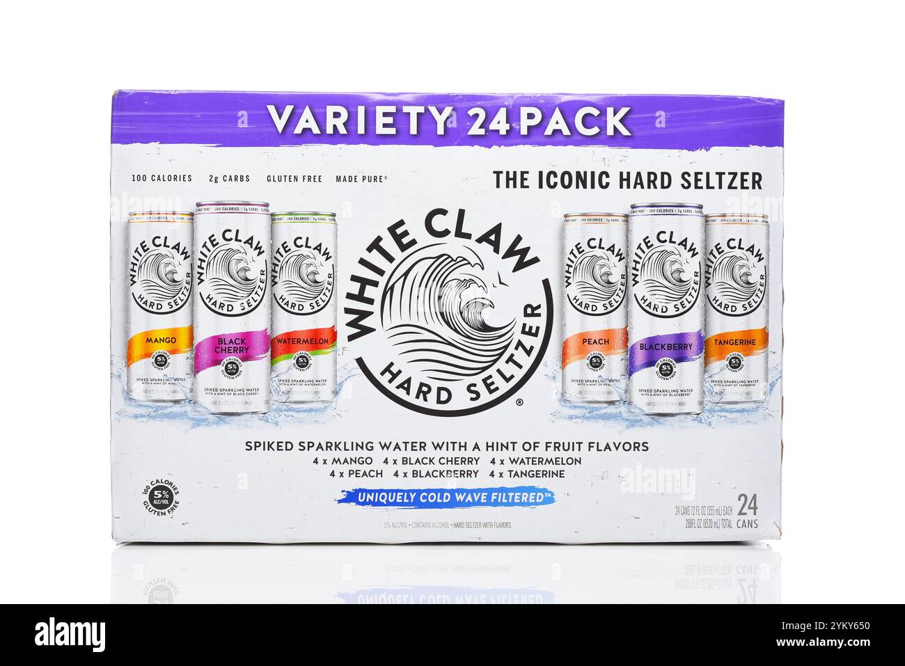 IRVINE, KALIFORNIEN - 19. NOV 2024: 24er-Pack mit Weisskralle, Mango, Schwarzkirsche, Wassermelone, Pfirsich, Aromen von BlackBerry und Mandarine. Stockfoto