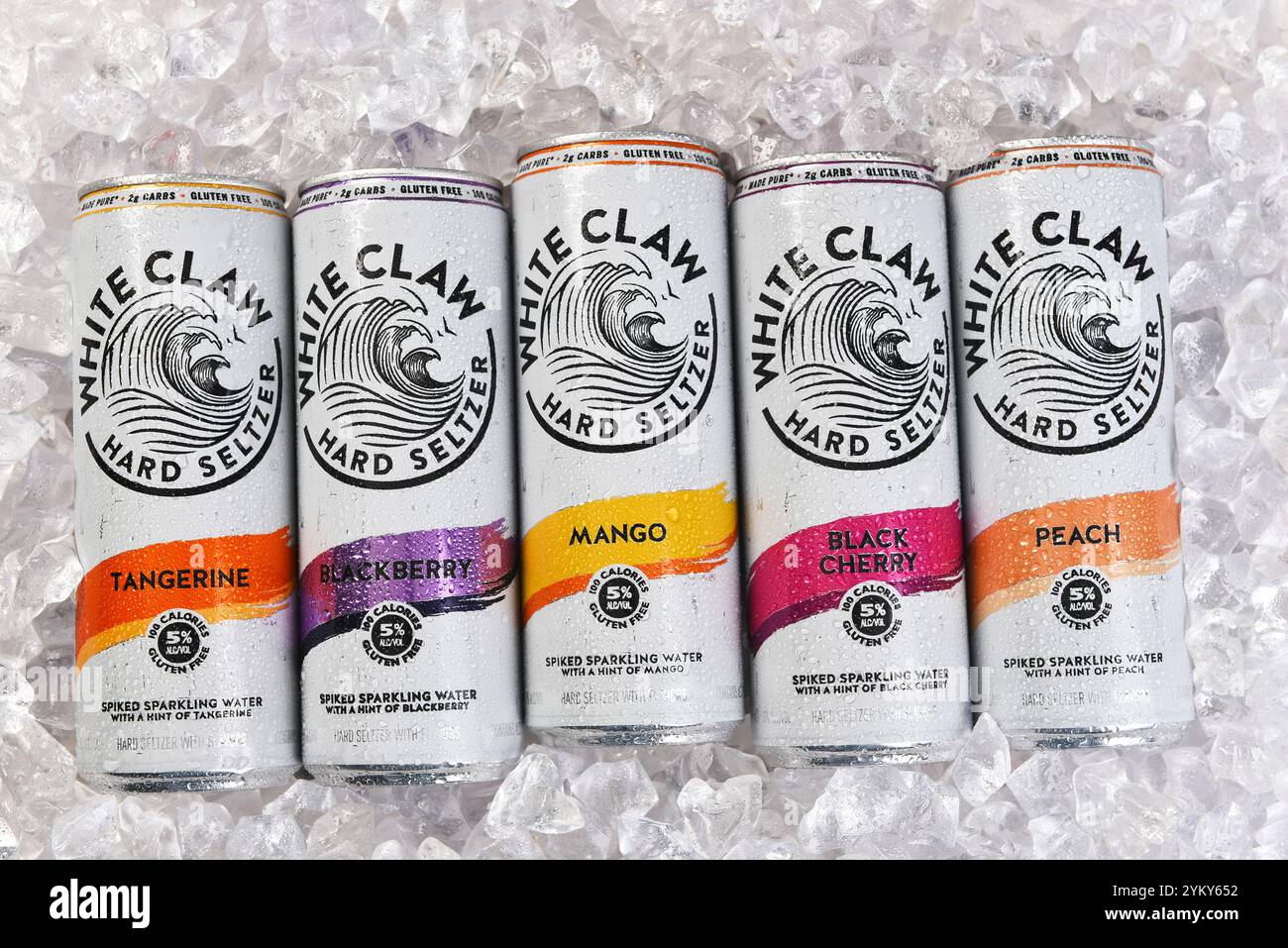 IRVINE, KALIFORNIEN - 19. November 2024: 5 Dosen White Claw Hard Seltzer auf einem Bett aus Eis, Mango, Black Cherry, Peach, Blackberry und Mandarine. Stockfoto