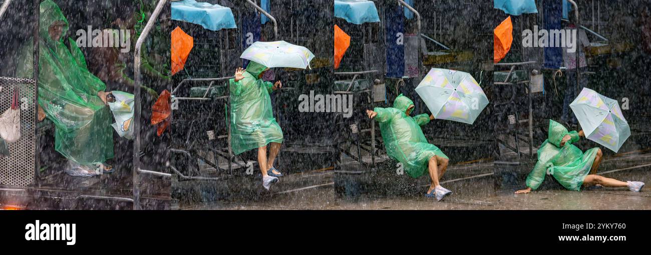Sequenz von Fotos - authentische Szene, Ein Passagier rutscht aus, während er aus öffentlichen Verkehrsmitteln auf rutschigen Stufen im Regen steigt, Thailand Stockfoto