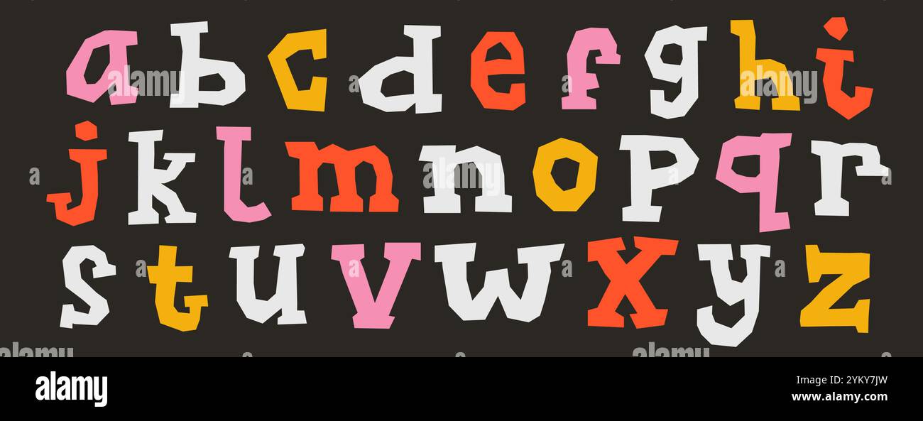 Papierkorrektur. Buntes Collage-Set mit Serifenbuchstaben. Basteln Sie Kid Schriftart Elemente Bundle für Dekoration, Poster, Banner, Druck. Kleinschreibung abc-Pack im Ransom-Stil. Vektor Stock Vektor