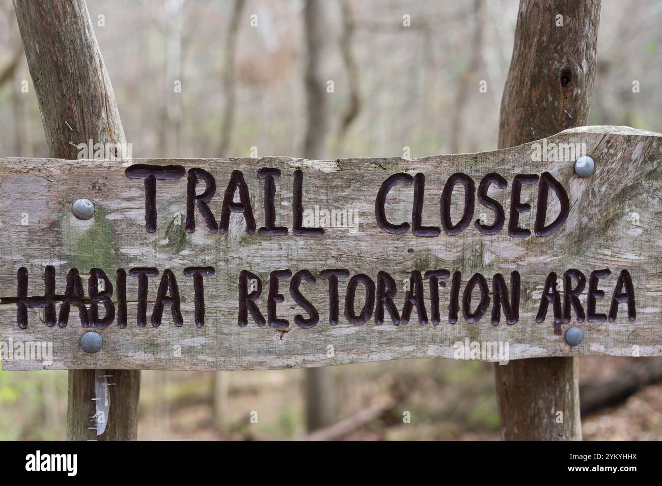 Trail Closed Habitat Restauration Bereich Holzschild im Freien Stockfoto