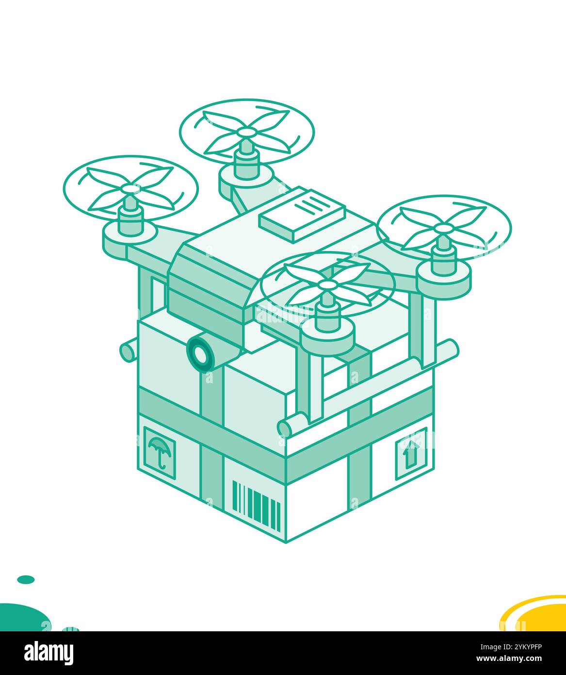 Isometrischer Drohnen-Quadcopter mit Paketkasten isoliert auf weiß. Umrissstil. Vektorabbildung. Lieferung von Waren an den Käufer. Stock Vektor