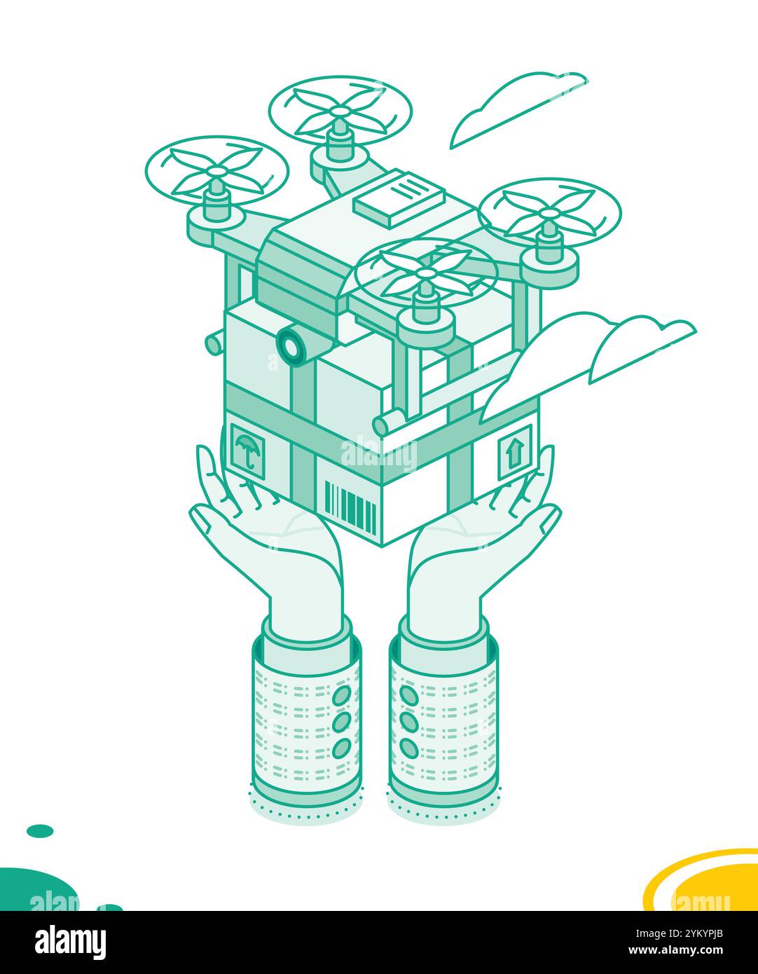 Drohne liefert und legt eine Kiste in die Hände. Service-Technologie. Vektorabbildungen. Konzept der isometrischen Umrisse. Quadcopter mit Paket. Stock Vektor